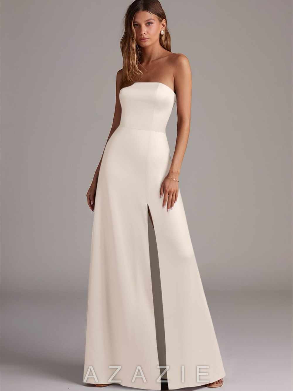 Azazie Bridesmaid Dress - White Alabaster - Strapless with Front Slit and Scarf